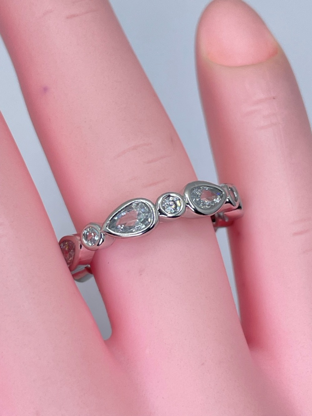 Silver White CZ Eternity Band Pear Round Bezel Set Stackable Ring Modern